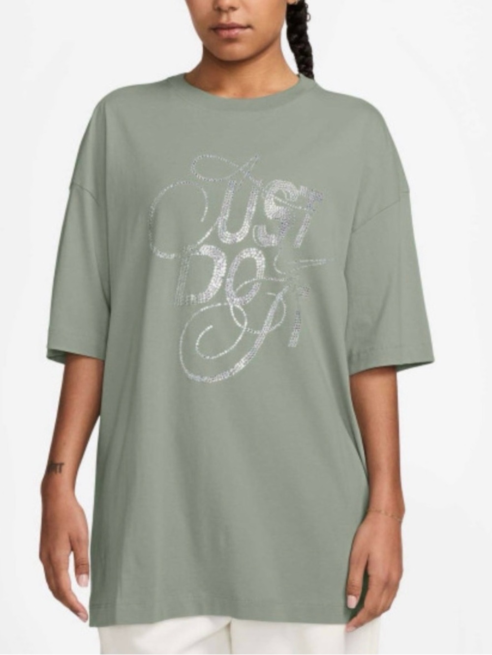 Nike Cotton t shirt Sage Green Diamond Bling “Just do it” Oversized fit Large L